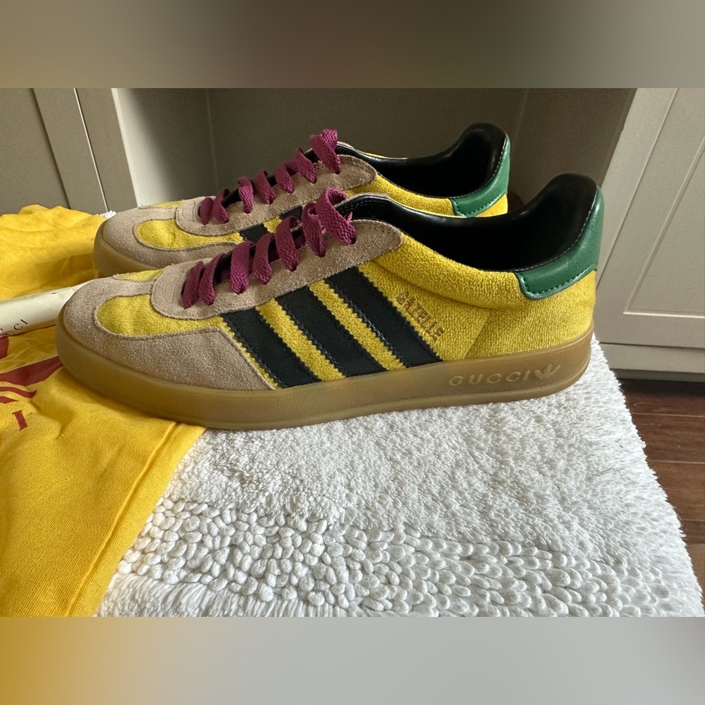 Gucci/Adidas Women's Yellow and Black Sneakers with Green and Maroon Details